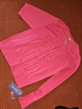 Cherokee Hot Pink Knit Cardigan with Polka Dot Trim